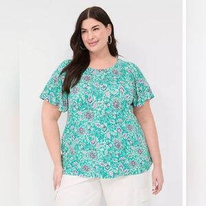 Lane Bryant Flutter-Sleeve Smocked Top Aqua Floral Size 18/20 NWT